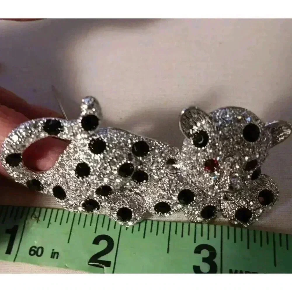 Leopard Cub Pin Brooch Silver Toned Black Spots Rhinestones‎ And Red Eyes Gems